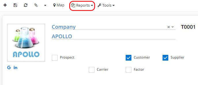 1.1. On a customer file, click on Reports to print an envelope with the address of a third party.